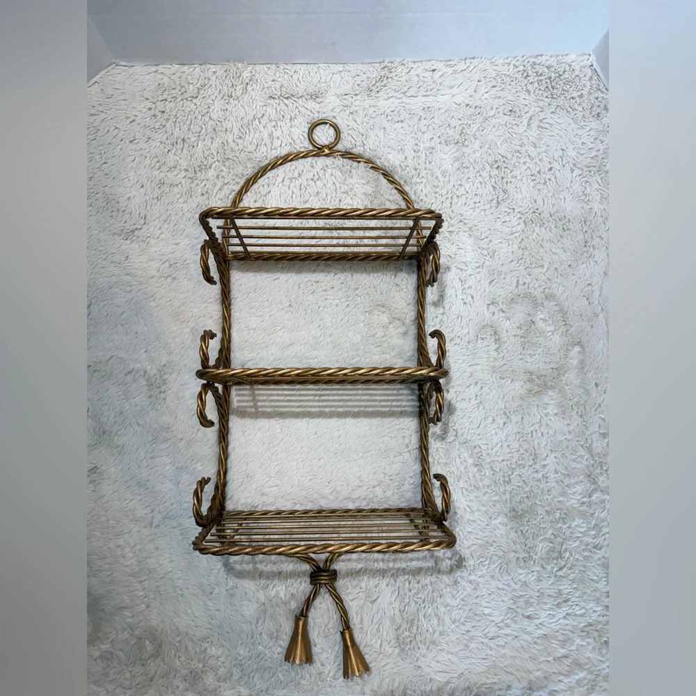 Vintage Hollywood Regency style twisted rope design 3-tier gold tone metal shelf
